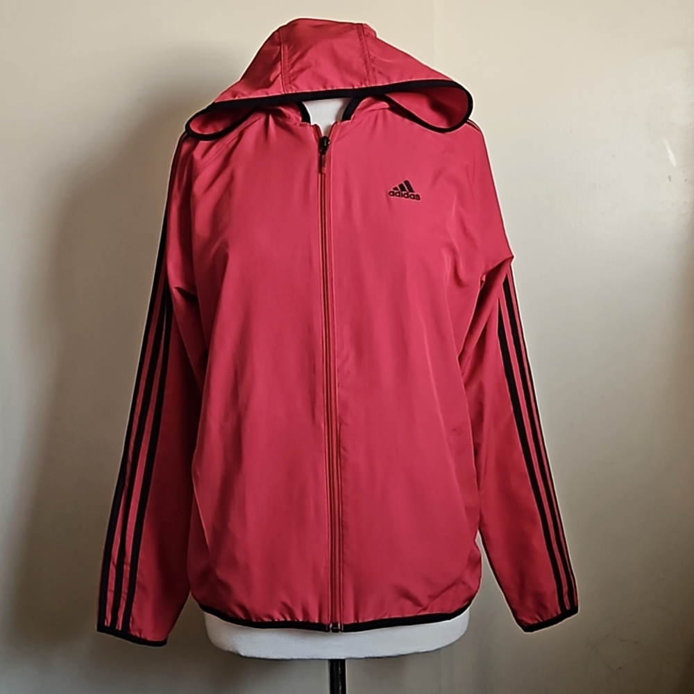 Adidas Windbreaker Hoodie Jacket Red Black With The 3 Stripes Full Zip Sz Medium